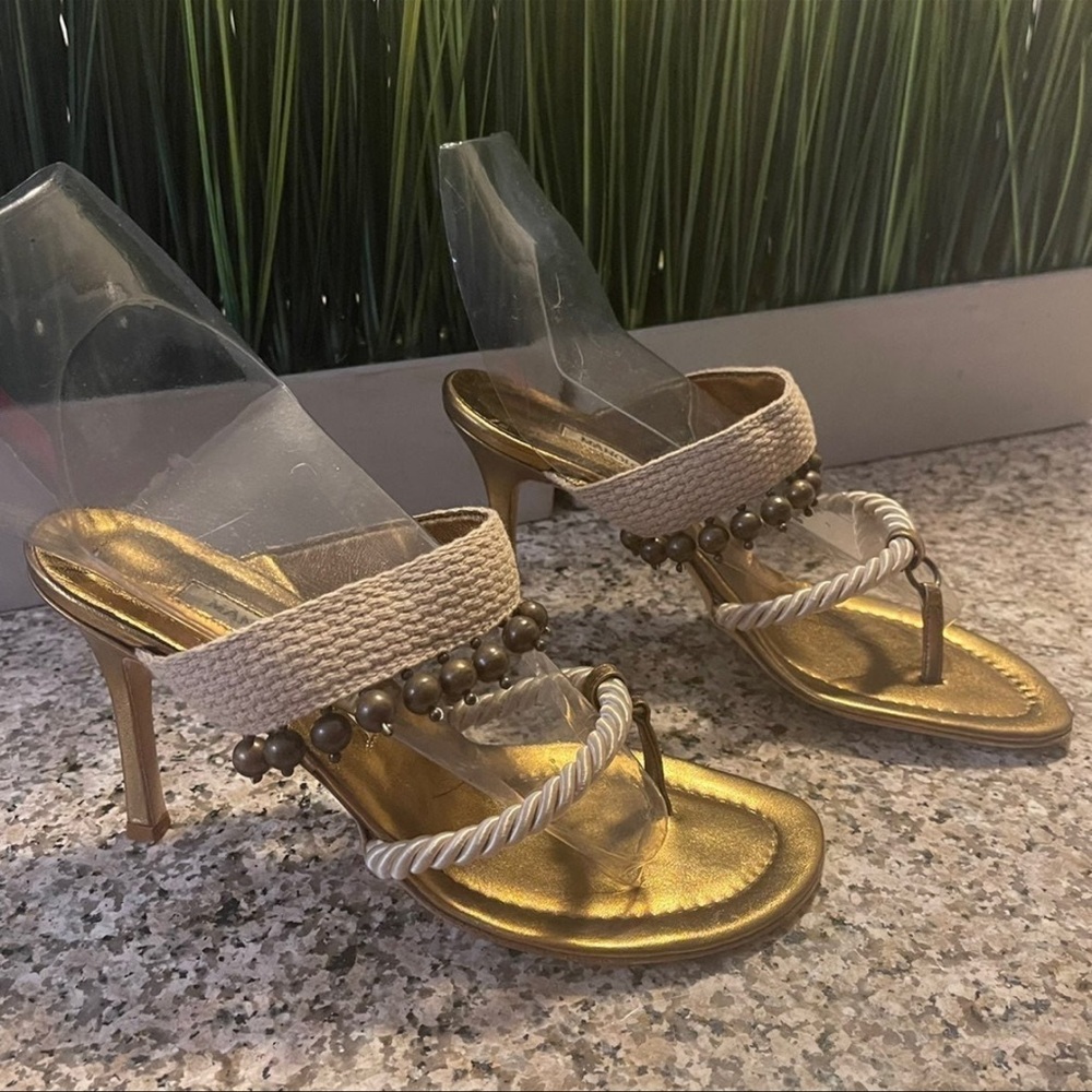 Manolo Blahnik Bead Rope Tan/Gold Thong Sandals 4" Stilletos Heels 38 AUTHENTIC